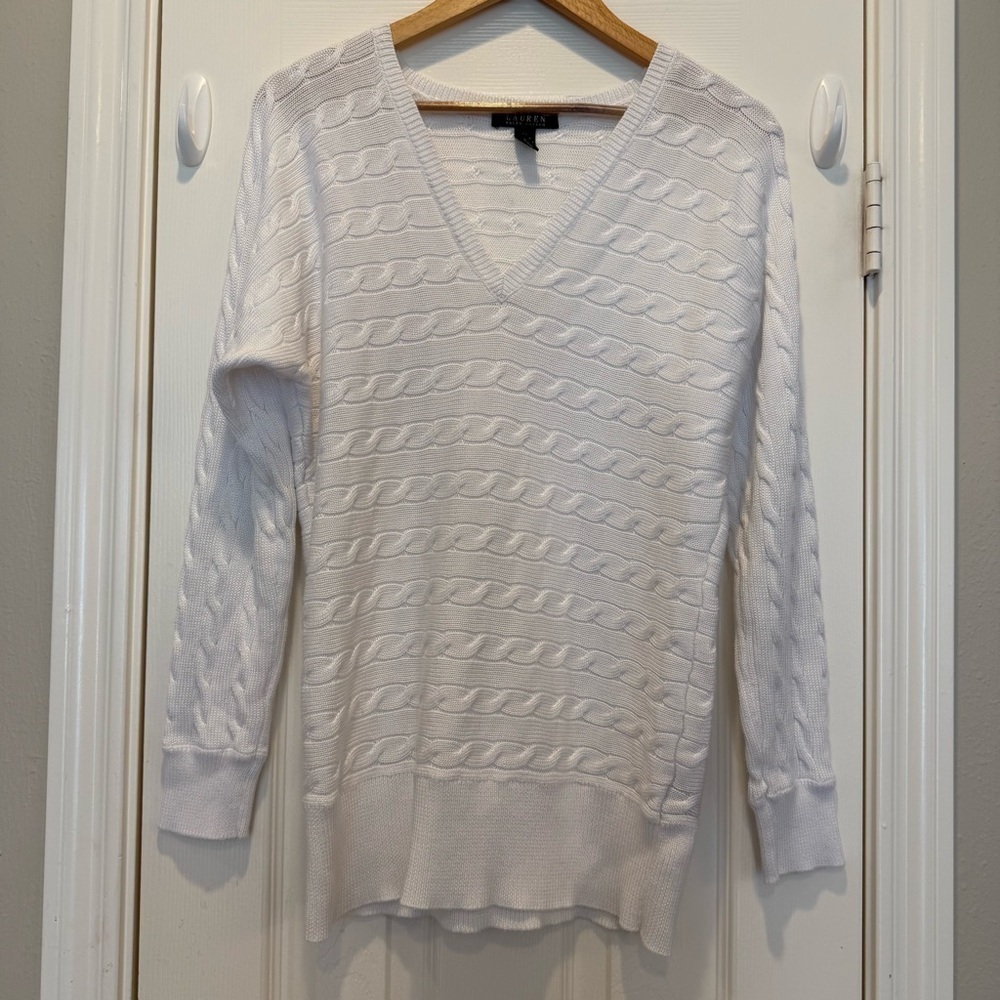 Lauren Ralph Lauren Cable Knit Sweater Women’s XL White Preppy Classic V Neck